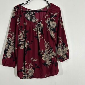 Sara Michelle Floral‎ Blouse Women's Medium Maroon Beige Black 3/4 Sleeve